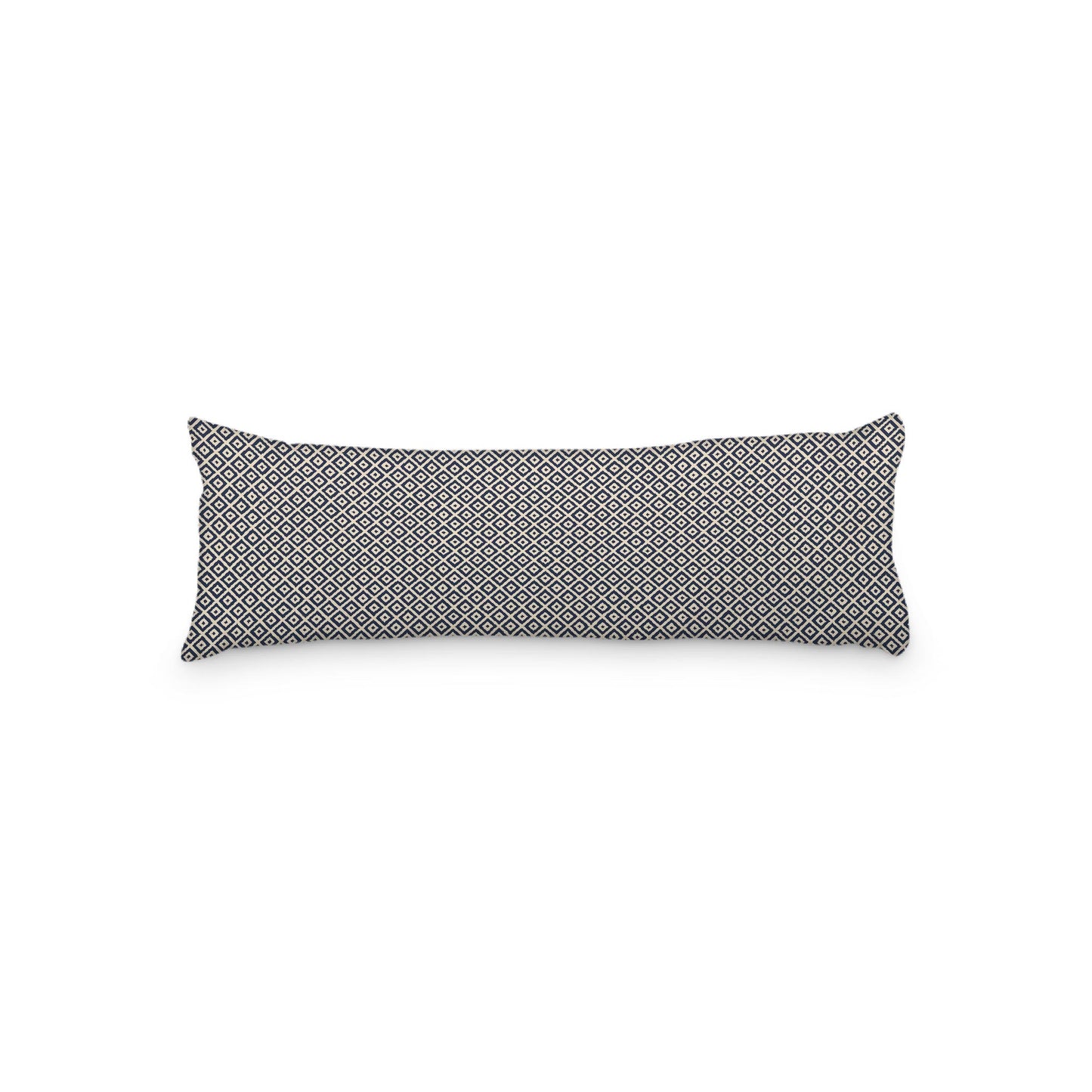 Beige Microfiber Body Pillow, Navy Blue Repeating Square Motif Print, 20 x 54 inches / 51 x 137 cm