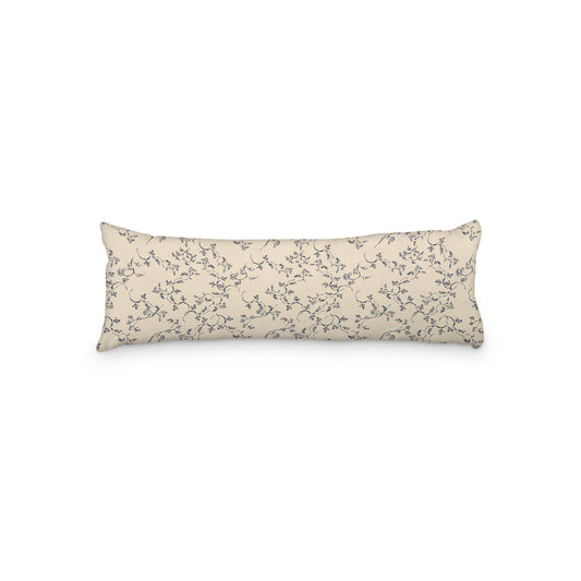 Beige Microfiber Body Pillow, Navy Blue Hand-painted Vine Print, 20 x 54 inches / 51 x 137 cm