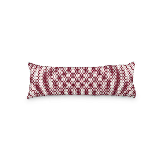 White Microfiber Body Pillow, Burgundy Red Repeating Square Motif Print, 20 x 54 inches / 51 x 137 cm