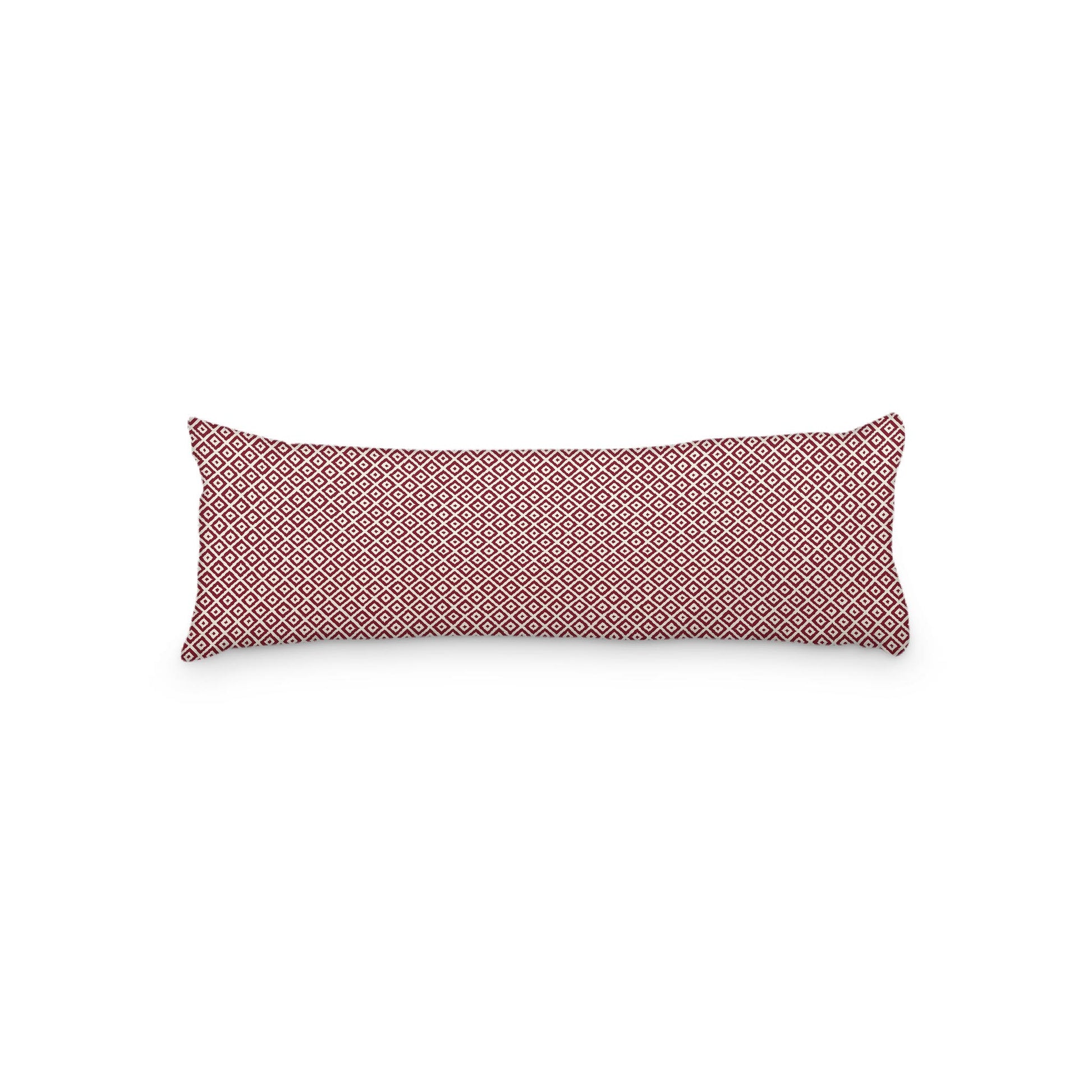 Pale Cream Microfibre Body Pillow, Burgundy Red Repeating Square Motif Print, 20 x 54 inches / 51 x 137 cm