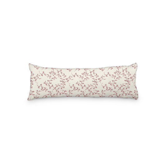Pale Cream Microfibre Body Pillow, Burgundy Red Hand-painted Vine Print, 20 x 54 inches / 51 x 137 cm