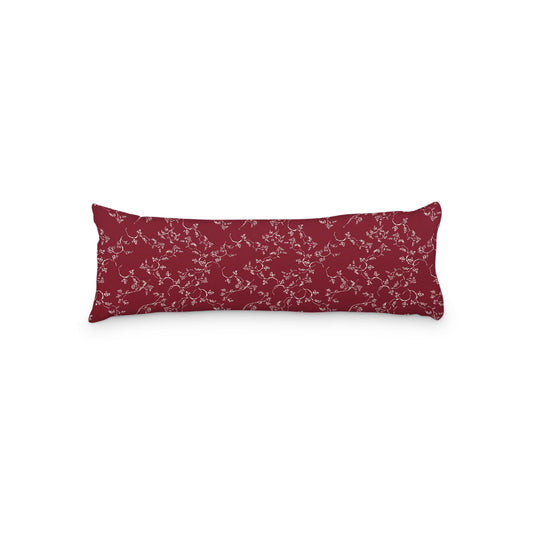 Burgundy Red Microfiber Body Pillow, Pale Cream Hand-painted Vine Print, 20 x 54 inches / 51 x 137 cm