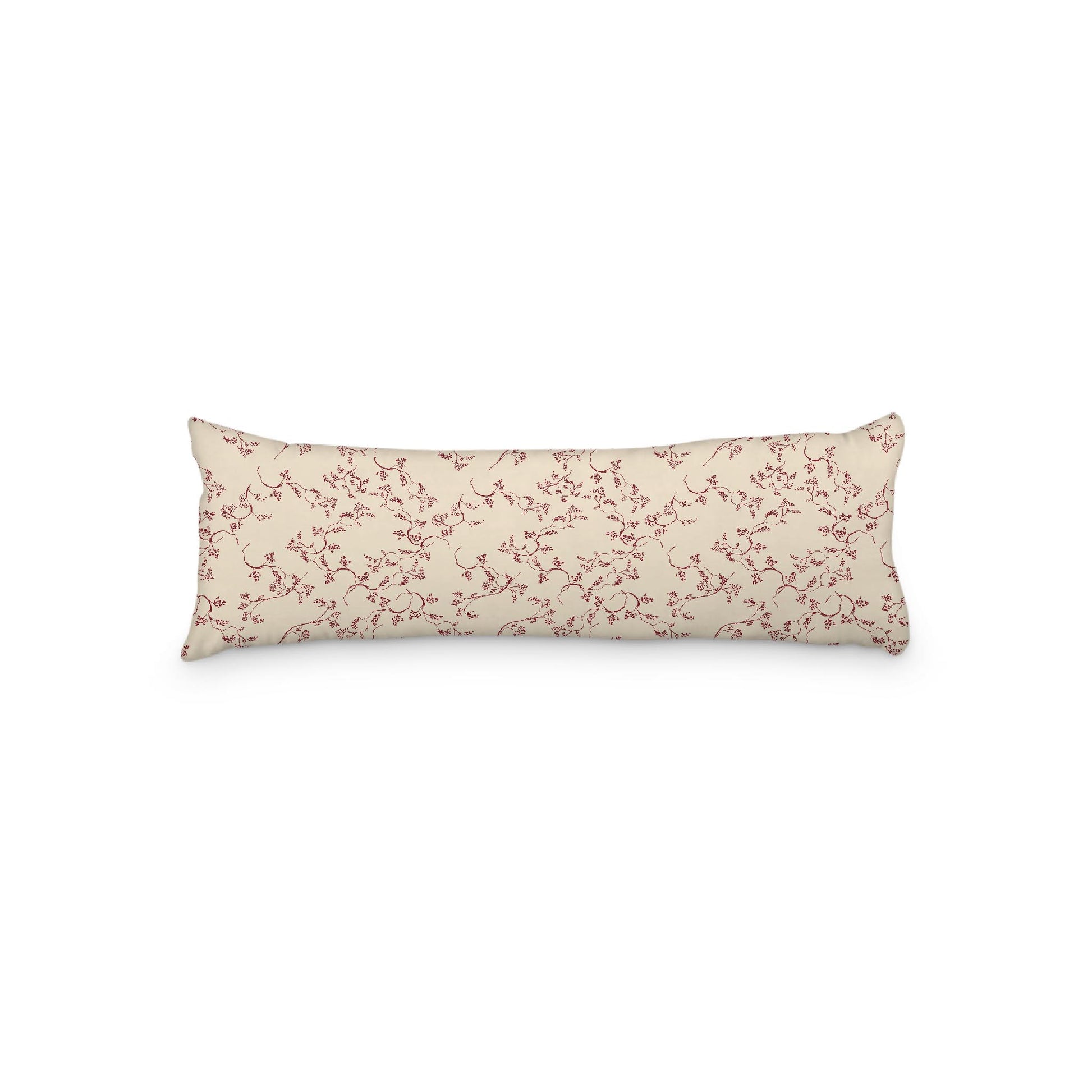 Beige Microfibre Body Pillow, Burgundy Red Hand-painted Vine Print, 20 x 54 inches / 51 x 137 cm