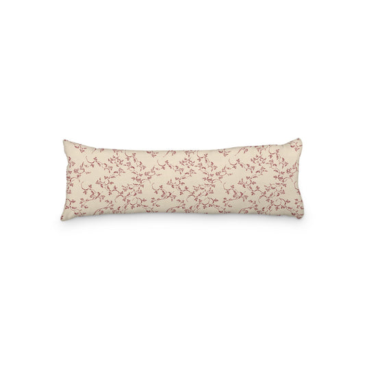 Beige Microfibre Body Pillow, Burgundy Red Hand-painted Vine Print, 20 x 54 inches / 51 x 137 cm