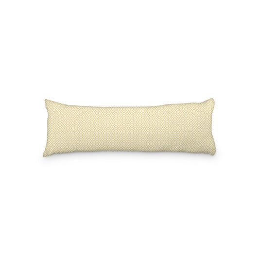 White Microfiber Body Pillow, Yellow Repeating Square Motif Print, 20 x 54 inches / 51 x 137 cm