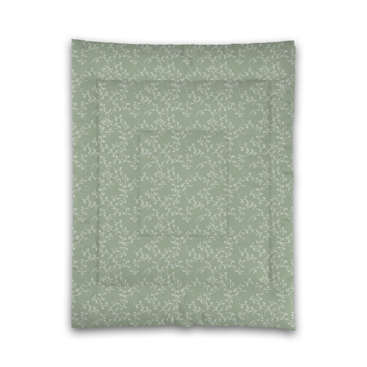 Green Microfiber Comforter, White Hand-painted Vine Print, Twin (width x length) 68 x 88 inches / 173 x 224 cm