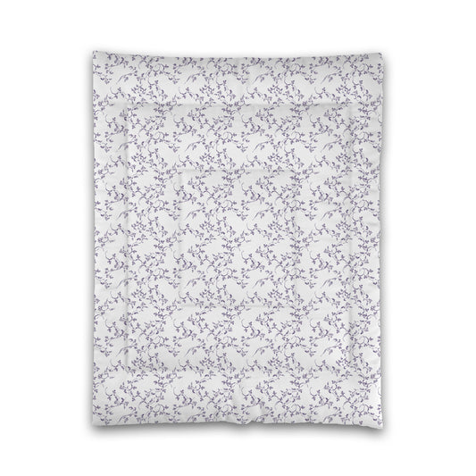 White Microfiber Comforter, Purple Hand-painted Vine Print, Twin (width x length) 68 x 88 inches / 173 x 224 cm