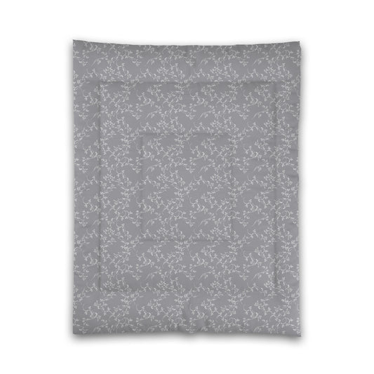 Grey Microfiber Comforter, White Hand-painted Vine Print, Twin (width x length) 68 x 88 inches / 173 x 224 cm