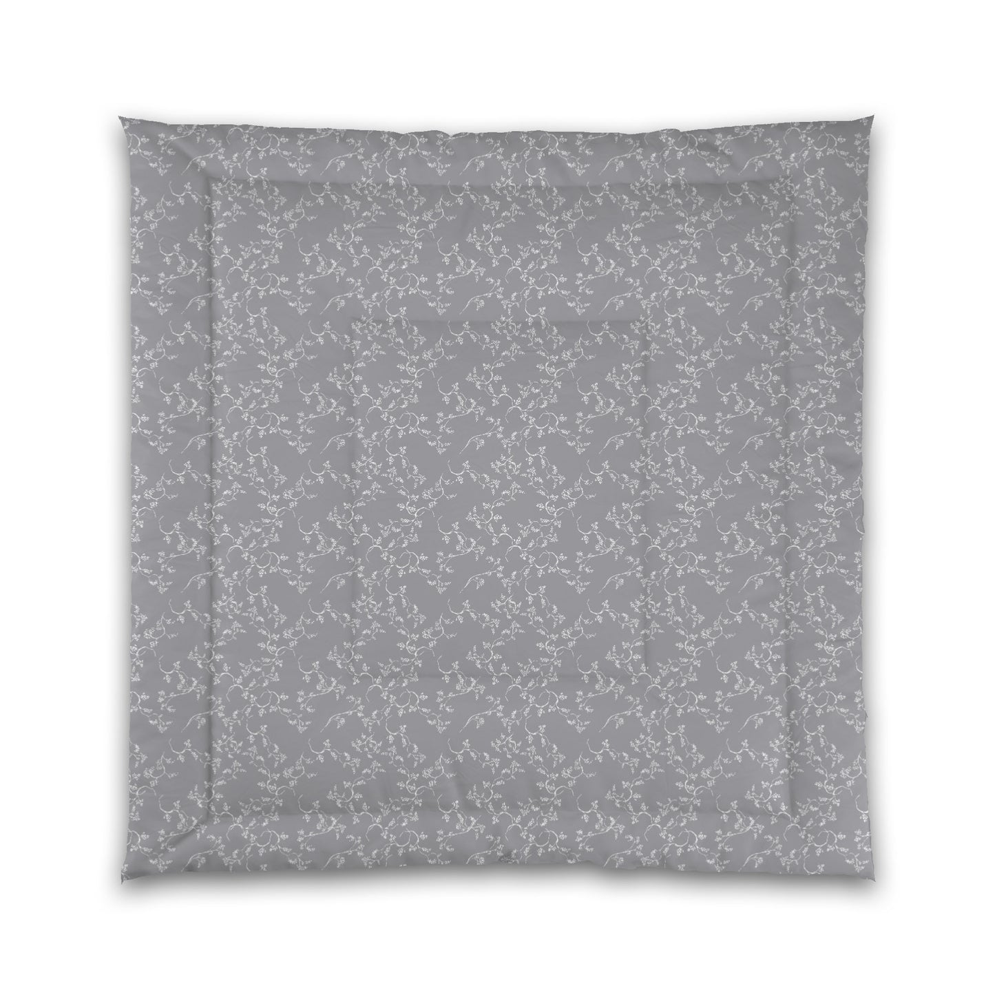Grey Microfiber Comforter, White Hand-painted Vine Print, Queen (width x length) 88 x 88 inches / 224 x 224 cm