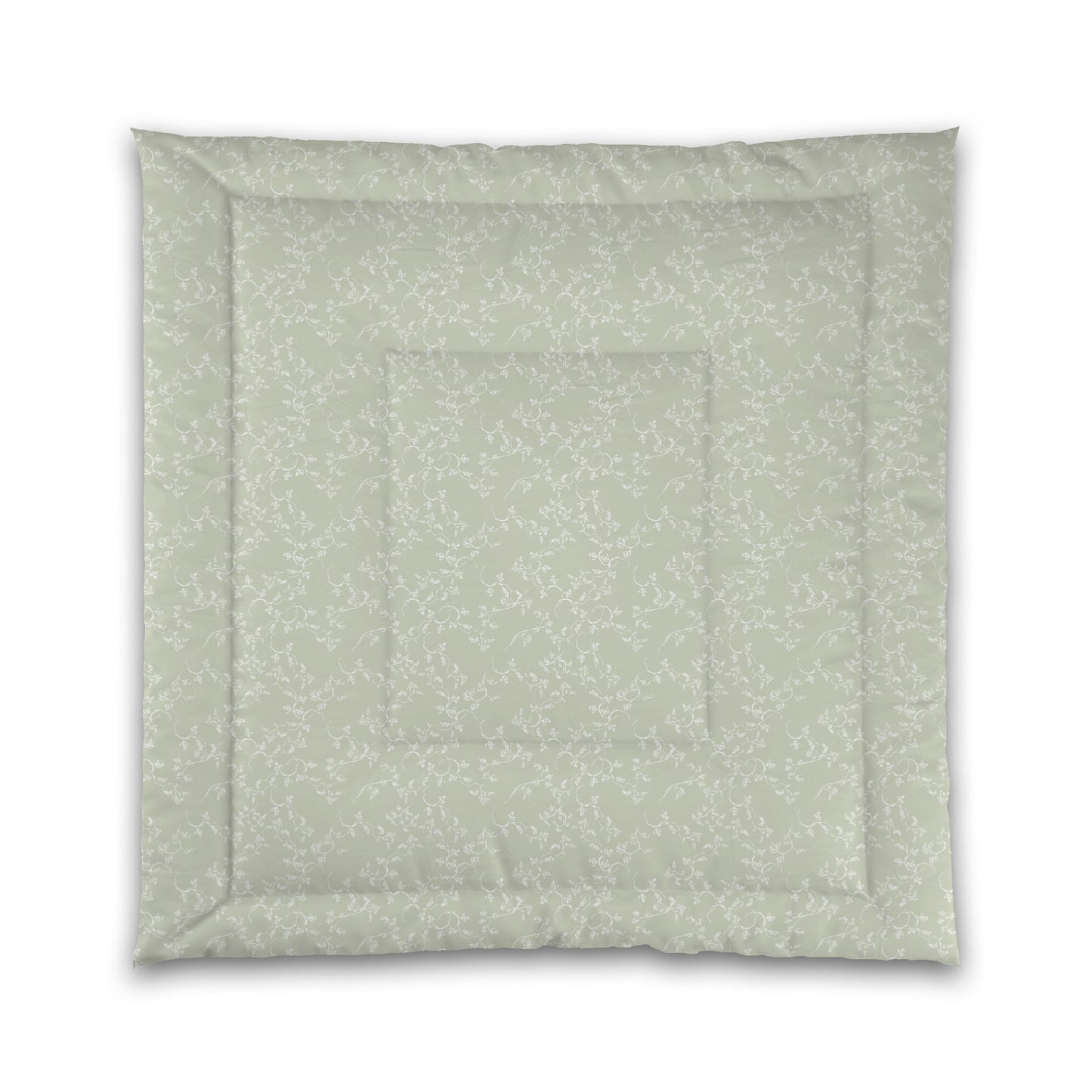 Pale Green Microfiber Comforter, White Hand-painted Vine Print, Queen (width x length) 88 x 88 inches / 224 x 224 cm