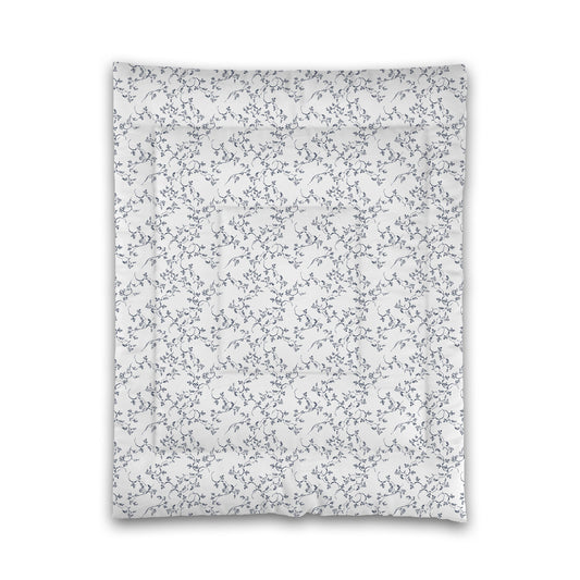 White Microfiber Comforter, Navy Blue Hand-painted Vine Print, Twin (width x length) 68 x 88 inches / 173 x 224 cm