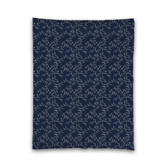 Navy Blue Microfiber Comforter, Pale Cream Hand-painted Vine Print, Twin (width x length) 68 x 88 inches / 173 x 224 cm