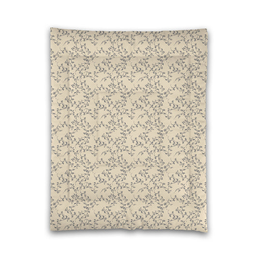 Beige Microfiber Comforter, Navy Blue Hand-painted Vine Print, Twin (width x length) 68 x 88 inches / 173 x 224 cm