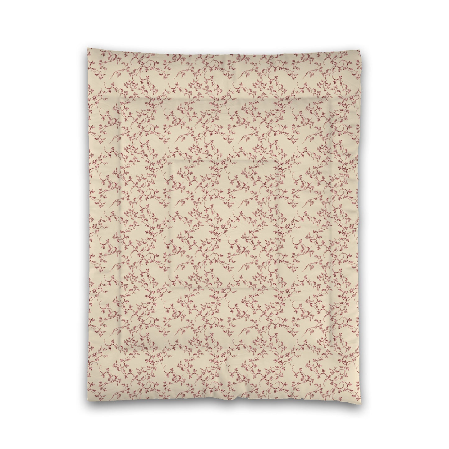 Beige Microfibre Comforter, Burgundy Red Hand-painted Vine Print, Twin (width x length) 68 x 88 inches / 173 x 224 cm