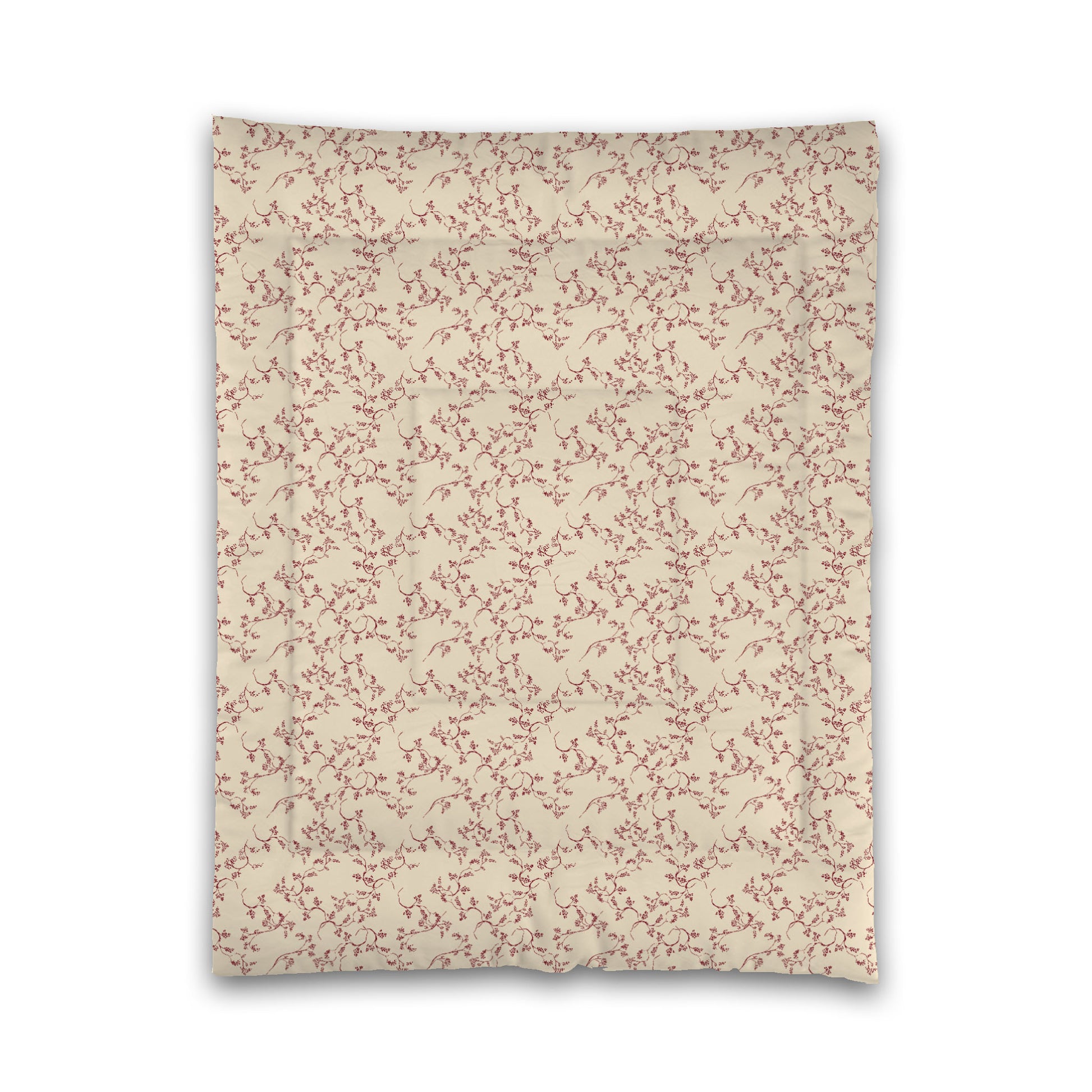 Beige Microfibre Comforter, Burgundy Red Hand-painted Vine Print, Twin (width x length) 68 x 88 inches / 173 x 224 cm