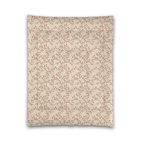 Beige Microfibre Comforter, Burgundy Red Hand-painted Vine Print, Twin (width x length) 68 x 88 inches / 173 x 224 cm