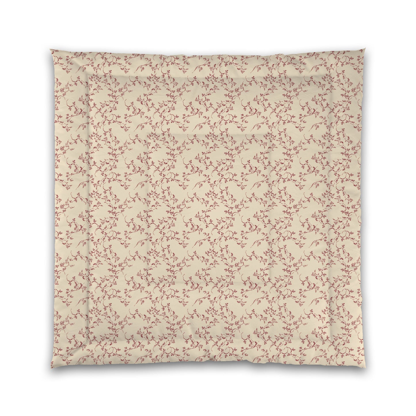 Beige Microfibre Comforter, Burgundy Red Hand-painted Vine Print, Queen (width x length) 88 x 88 inches / 224 x 224 cm