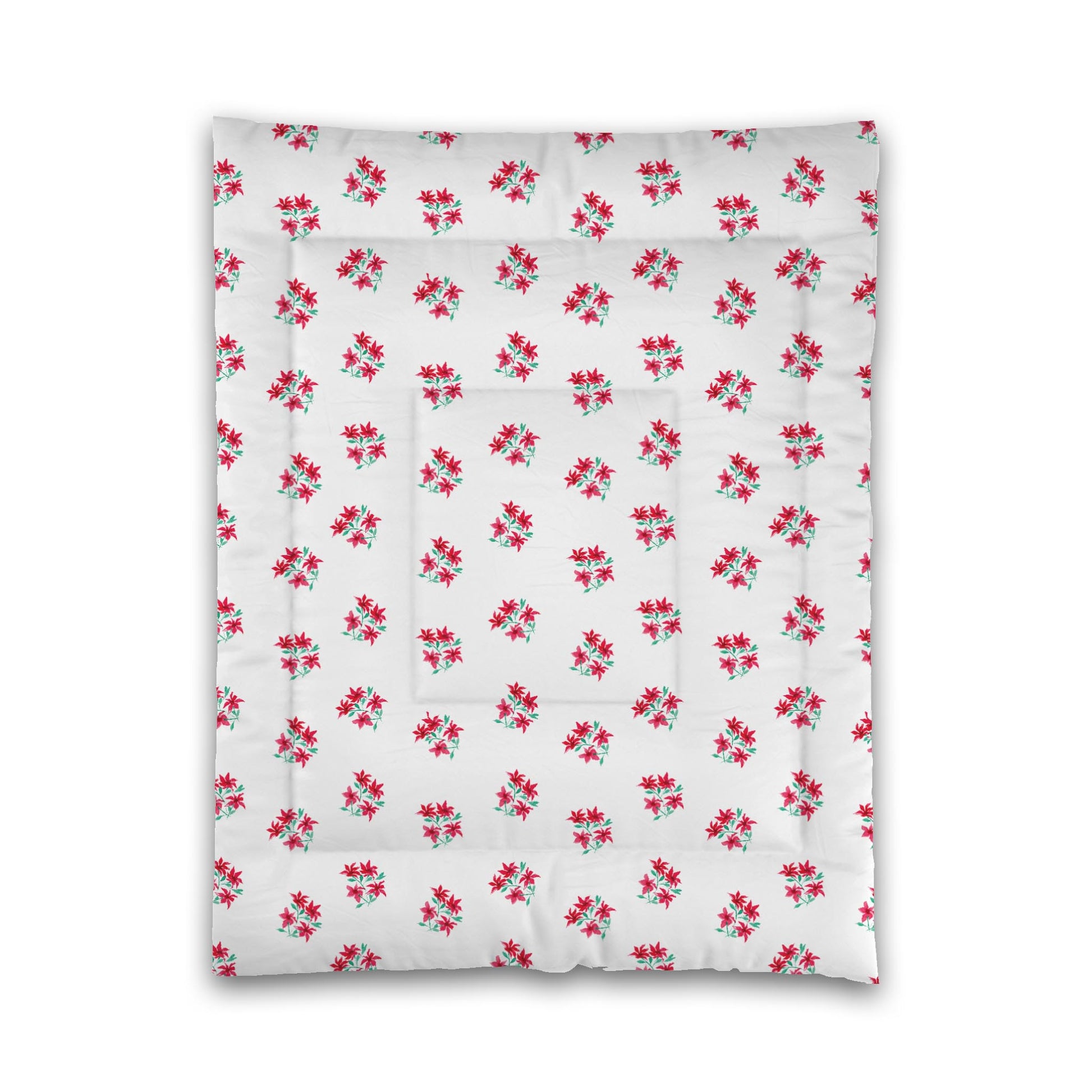 White Microfiber Comforter, Medium Red Floral Pattern, Twin - 68 x 88 inches