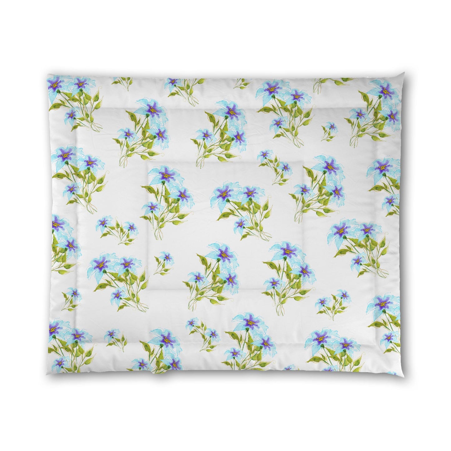 White Microfiber Comforter, Large Blue Floral Print, King - 104 x 88 inches