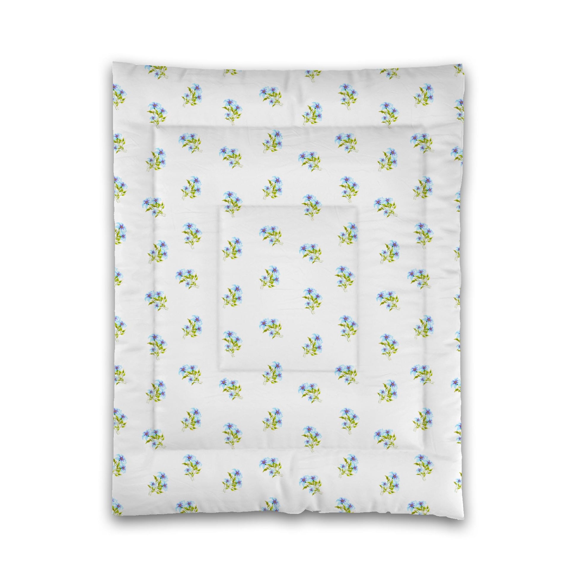 White Microfiber Comforter, Medium Blue Floral Pattern, Twin - 68 x 88 inches