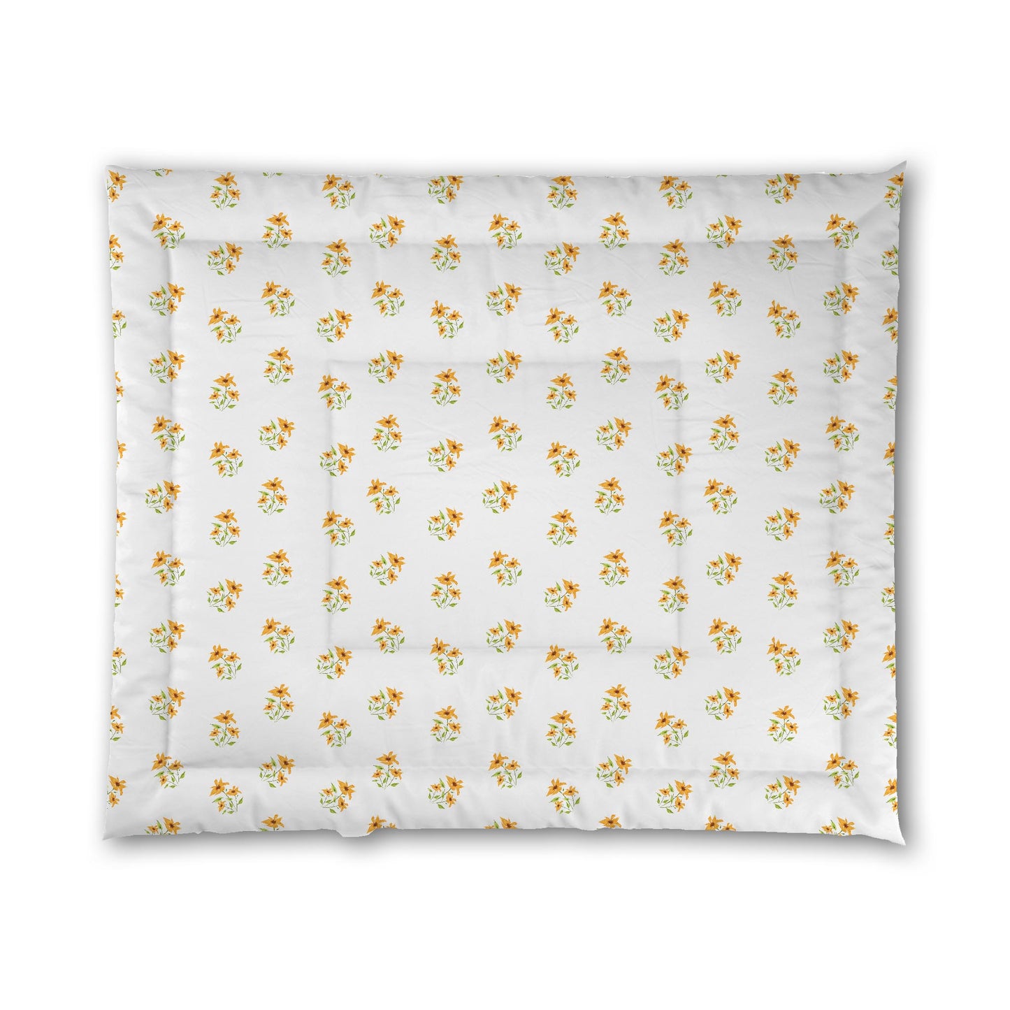 White Microfiber Comforter, Medium Yellow-Orange Floral Pattern, King - 104 x 88 inches