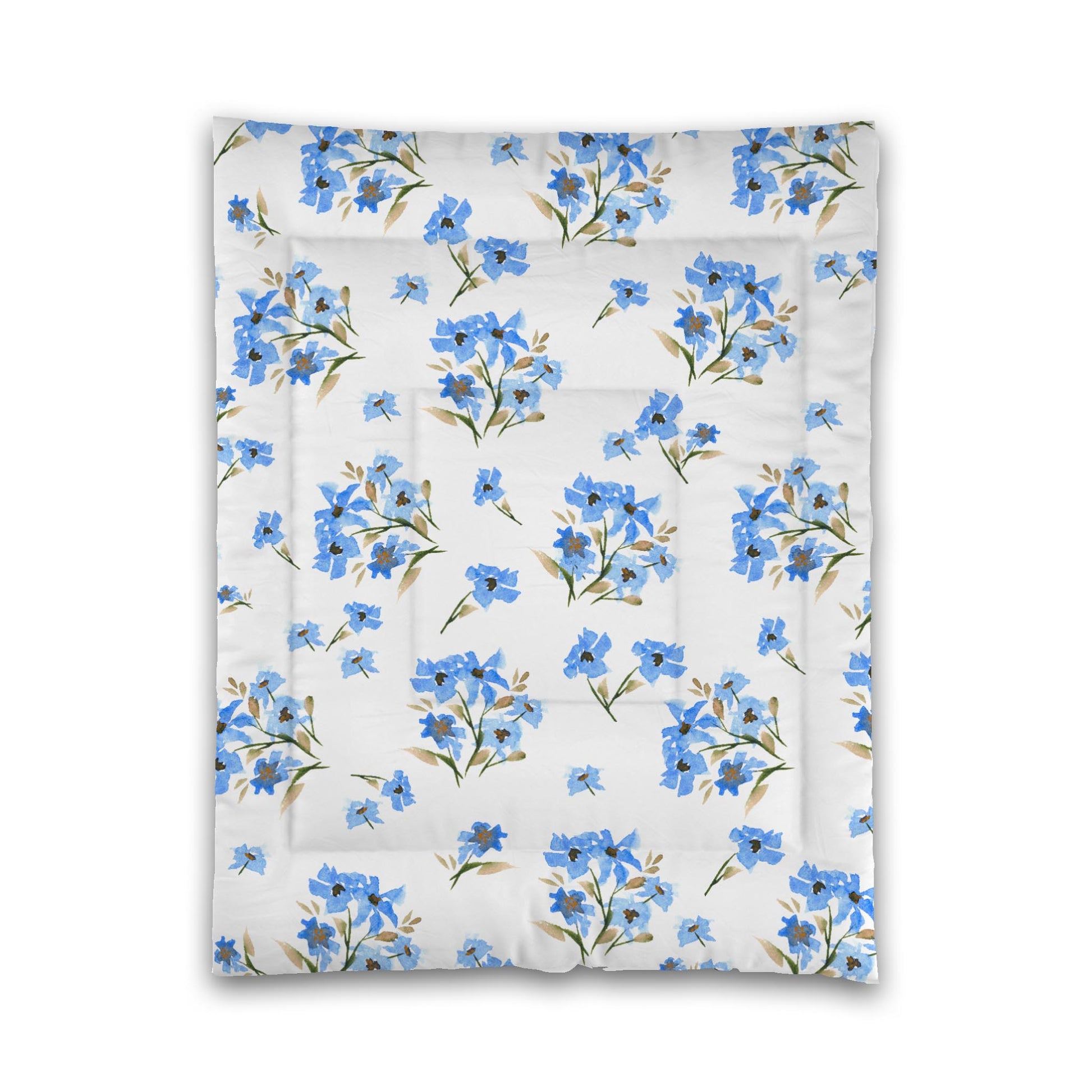 White Microfiber Comforter, Large Blue Floral Print, Twin - 68 x 88 inches