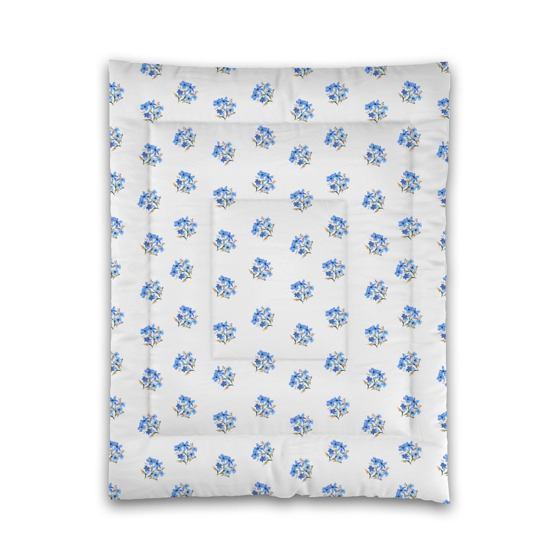 White Microfiber Comforter, Medium Blue Floral Pattern, Twin - 68 x 88 inches