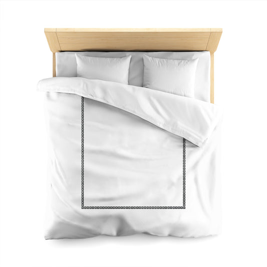 White Microfiber Duvet Cover, Black Repeating Squares Frieze Print | Styled on Queen Bed 