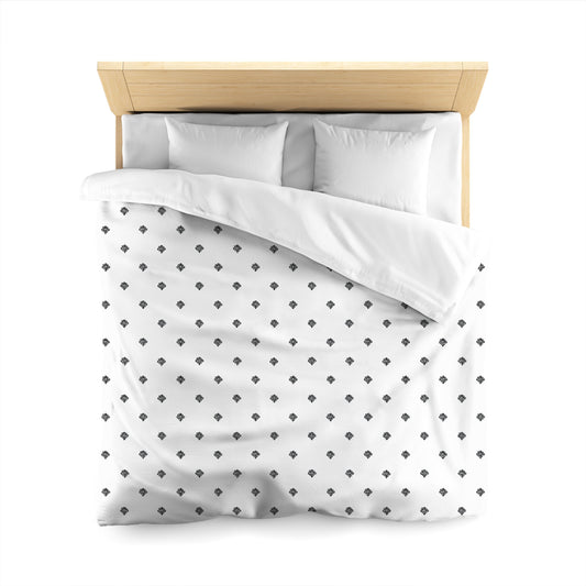 White Microfiber Duvet Cover, Black Swirl Print | Styled on Queen Bed 