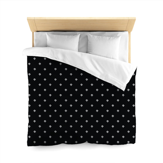 Black Microfiber Duvet Cover, White Swirl Print | Styled on Queen Bed 
