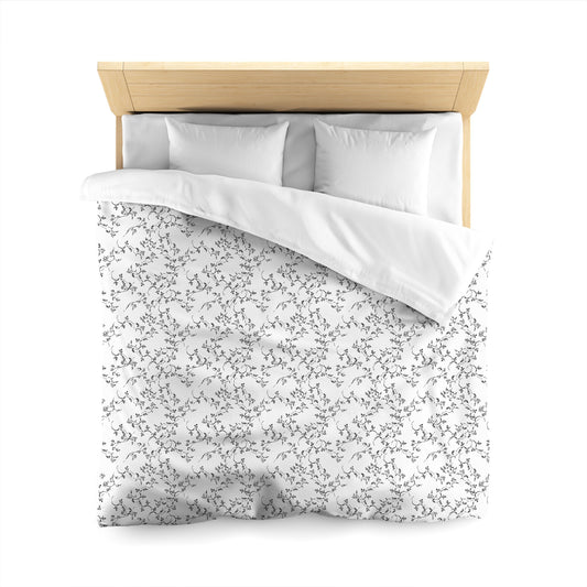 White Microfiber Duvet Cover, Black Hand-painted Vine Print | Styled on Queen Bed 