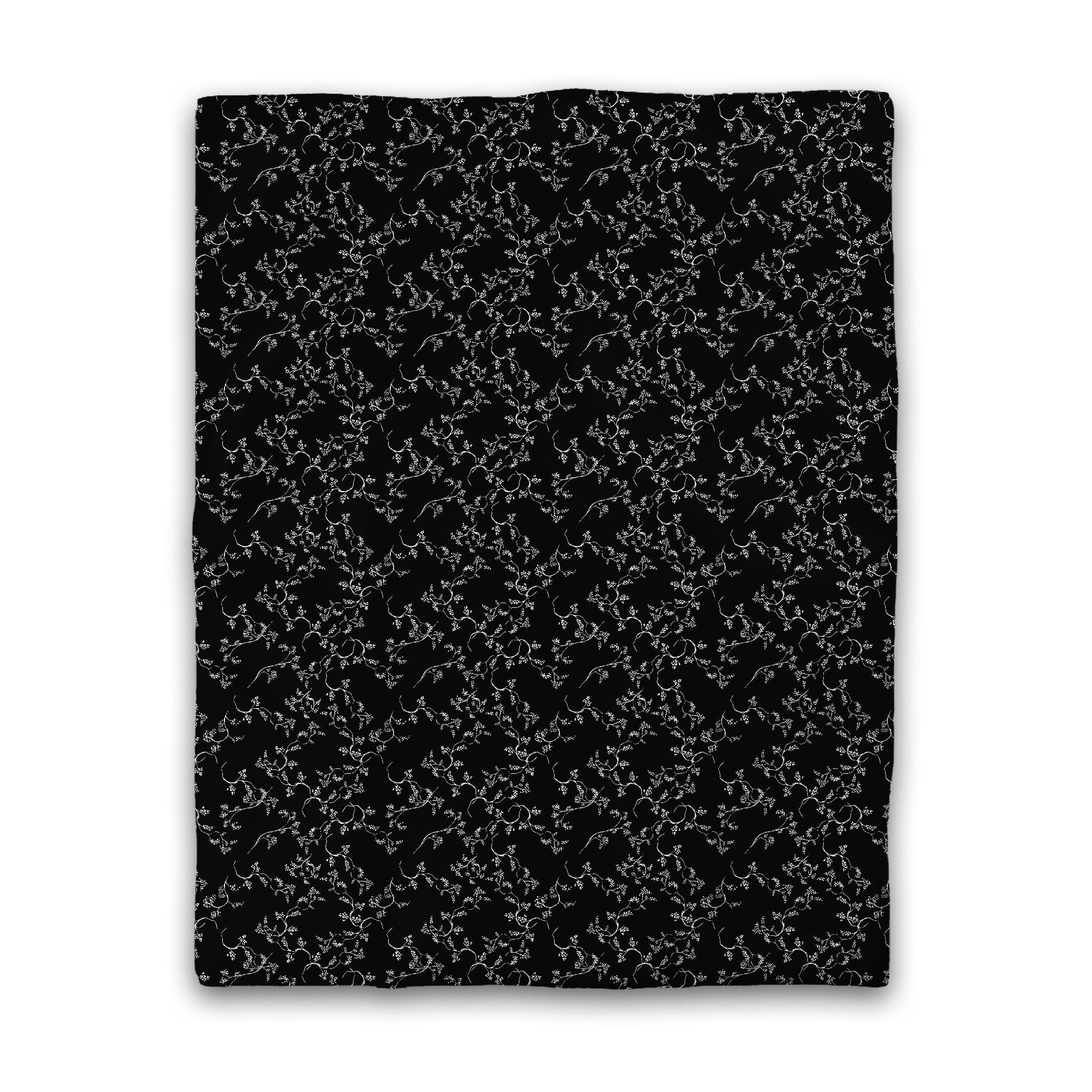 Black Cotton Sateen Duvet Cover, Off-White Hand-painted Vine Print, Twin (width x length) 70 x 90 inches / 178 x 229 cm