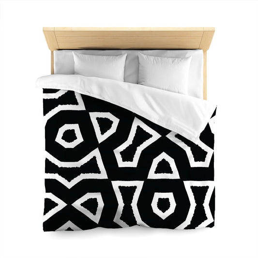 Black Microfiber Duvet Cover with White Labyrinth Print | Styled on Queen Bed 