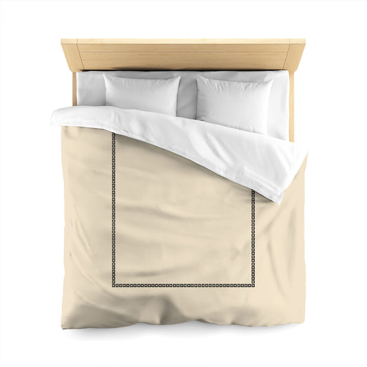 Beige Microfiber Duvet Cover, Black Repeating Square Motif Print, Classic Border, Queen (width x length) 88 x 88 inches / 224 x 224 cm