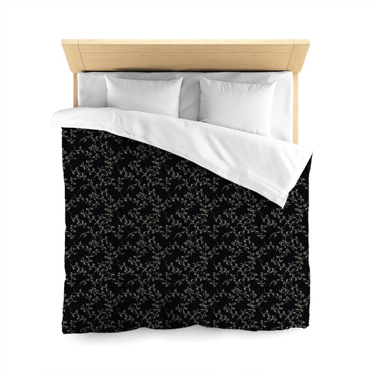 Black Microfiber Duvet Cover, Beige Hand-painted Vine Print, Queen (width x length) 88 x 88 inches / 224 x 224 cm