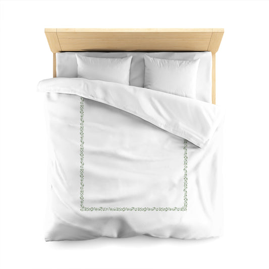 White Microfiber Duvet Cover, Green Hand-painted Dab Motif Print, Classic Border, Queen (width x length) 88 x 88 inches / 224 x 224 cm