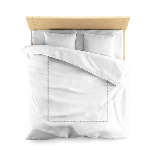White Microfiber Duvet Cover, Green Repeating Square Motif Print, Classic Border, Queen (width x length) 88 x 88 inches / 224 x 224 cm