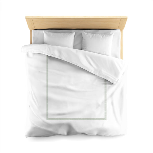 Off-white Cotton Sateen Duvet Cover, Green Double Weave Motif Print, Classic Border, Queen (width x length) 90 x 90 inches / 229 x 229 cm