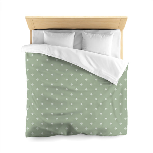 Green Cotton Sateen Duvet Cover, Off-white Hand-painted Swizzle Motif Print, Queen (width x length) 90 x 90 inches / 229 x 229 cm