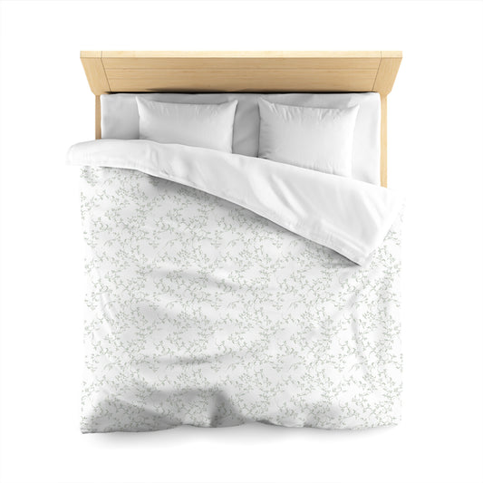 Off-white Cotton Sateen Duvet Cover, Green Hand-painted Vine Print, Queen (width x length) 90 x 90 inches / 229 x 229 cm