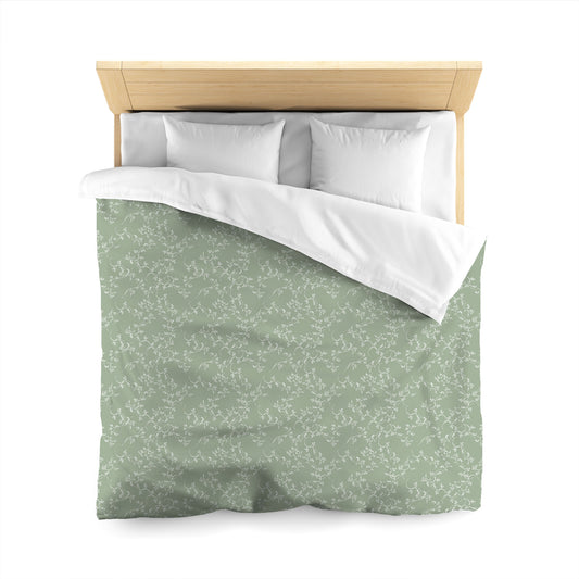 Green Cotton Sateen Duvet Cover, Off-white Hand-painted Vine Print, Queen (width x length) 90 x 90 inches / 229 x 229 cm