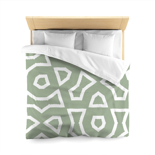 Green Cotton Sateen Duvet Cover, Bold Off-white Graphic, Queen (width x length) 90 x 90 inches / 229 x 229 cm