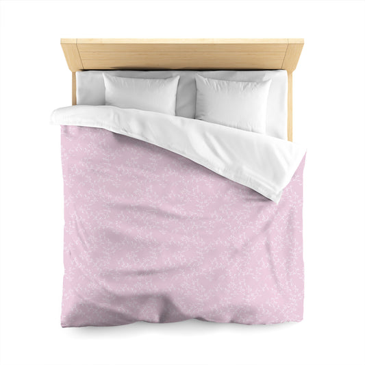 Pink Microfiber Duvet Cover, White Hand-painted Vine Print, Queen (width x length) 88 x 88 inches / 224 x 224 cm
