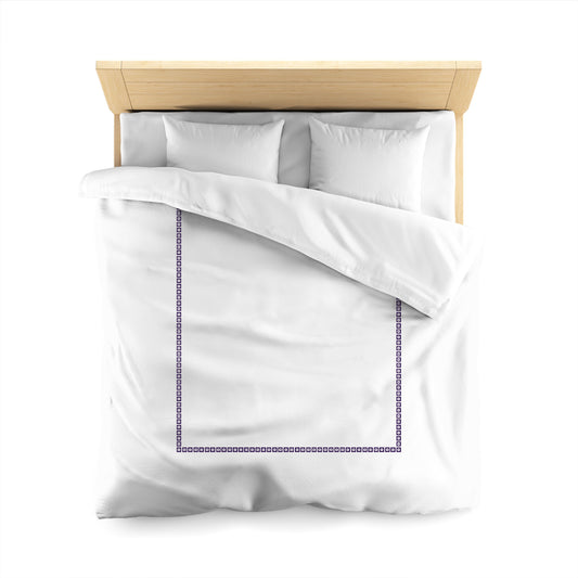 White Microfiber Duvet Cover, Purple Repeating Square Motif Print, Classic Border, Queen (width x length) 88 x 88 inches / 224 x 224 cm