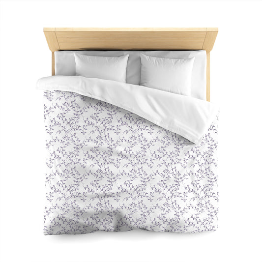 White Microfiber Duvet Cover, Purple Hand-painted Vine Print, Queen (width x length) 88 x 88 inches / 224 x 224 cm