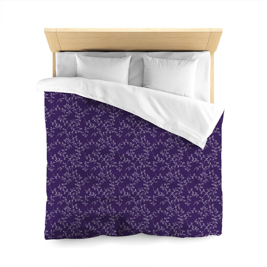Purple Microfiber Duvet Cover, White Hand-painted Vine Print, Queen (width x length) 88 x 88 inches / 224 x 224 cm