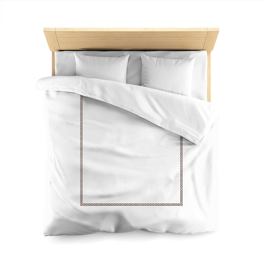 White Microfiber Duvet Cover, Brown Repeating Square Motif Print, Classic Border, Queen (width x length) 88 x 88 inches / 224 x 224 cm