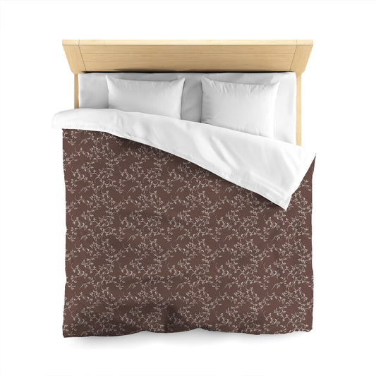 Brown Microfiber Duvet Cover, White Hand-painted Vine Print, Queen (width x length) 88 x 88 inches / 224 x 224 cm