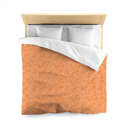 Orange Microfiber Duvet Cover, White Hand-painted Vine Print, Queen (width x length) 88 x 88 inches / 224 x 224 cm