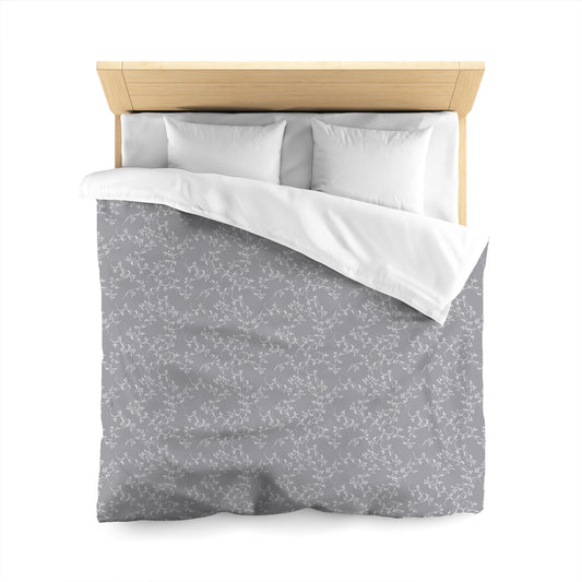 Grey Microfiber Duvet Cover, White Hand-painted Vine Print, Queen (width x length) 88 x 88 inches / 224 x 224 cm